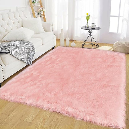Latepis Pink Bedroom Rug 4x6 Area Faux Sheepskin Rug Fluffy Fur Rugs for Living Room Furry Bedside Rugs for Girls Room Luxury Home Decor