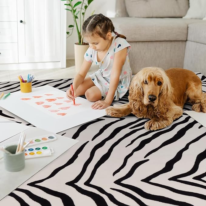 YIHOUSE Tiger Washable Area Rugs 8'x10', Black and Beige Modern Rug for Living Room, Bedroom, Ultra Thin Animal Stripe Print Rug for Girls Boys Nursery, Playroom, Dorm Room