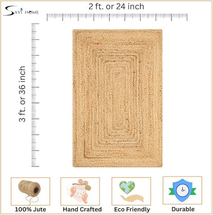 Savi Home Hand Woven Jute Braided Rug, 2'x3' - Natural, Reversible Boho Entry Area Rugs for Kitchen, Living Room, Farmhouse Indoor Outdoor Decorative Floor Rug, 24x36 Inches
