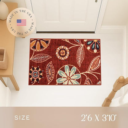 Maples Rugs Reggie Floral Kitchen Rug - Made in USA - Washable, Non Slip Indoor Carpet for Entryway, Foyer, Kitchen, and Bathroom, 2'6 x 3'10, Merlot