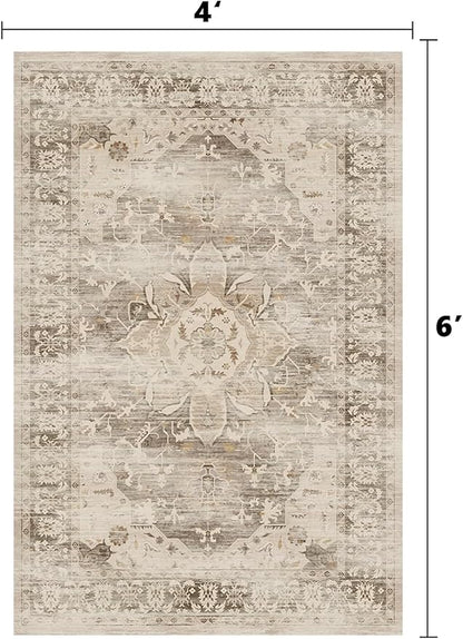 Washable Area Rugs for Living Room 4’x6’ Non Slip Low Pile Area Rugs for Bedroom Foldable Vintage Carpets