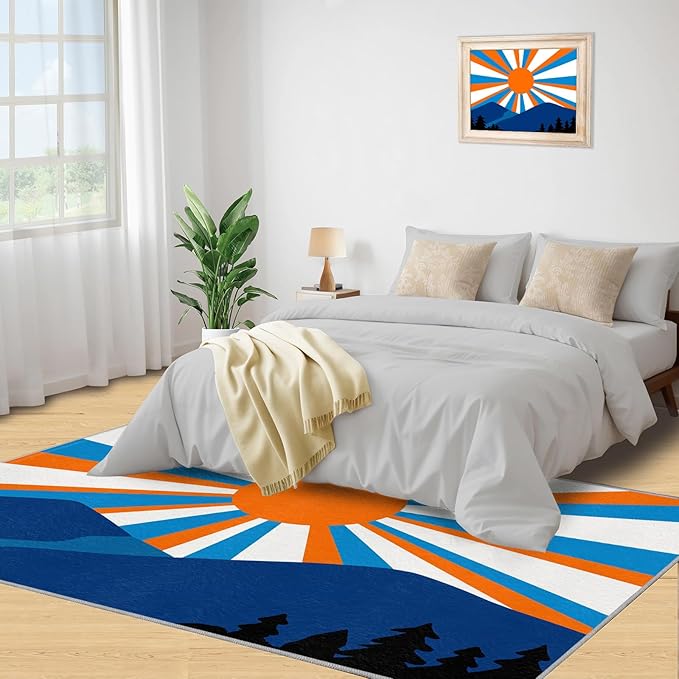 Boho Sun Area Rugs 8x10ft, Abstraction Deco Area Rug for Living Room, Minimalist Sunburst Modern Rug with Double Sided Carpet Tape for Bedroom Men Room Decor