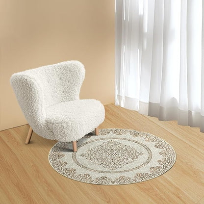 Easy-Going Round Area Rug 3ft Washable Boho Neutral Small Circle Rugs for Living Room Non-Slip Bedroom Rug Low Pile Lightweight Floral Brown Print Vintage Throw Rug for Dining Room Kitchen Office