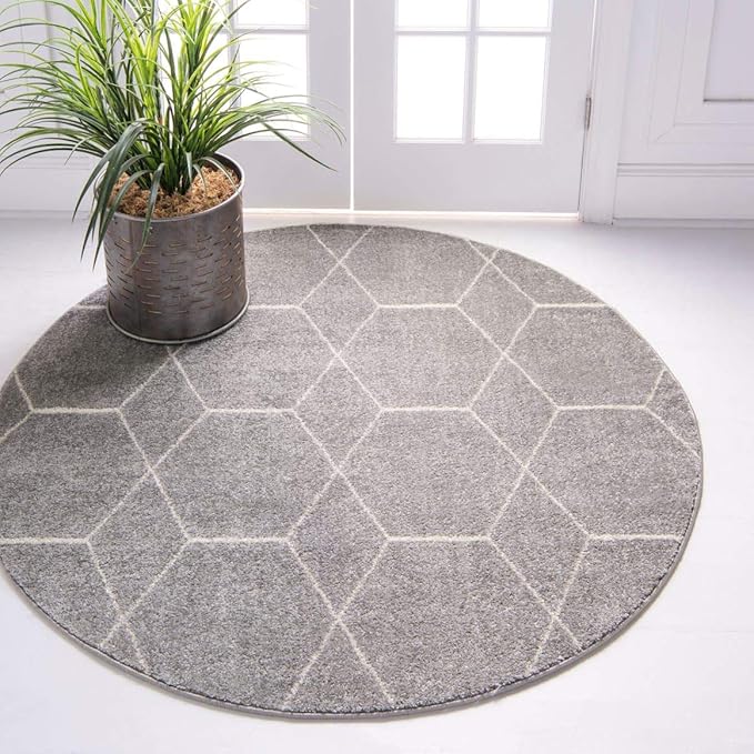 Unique Loom Trellis Frieze Collection Area Rug - Geometric (4' 1" Round Light Gray/Ivory)