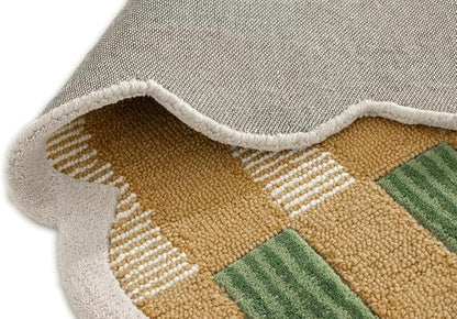 Hand-Tufted Wool Area Rug with Scalloped Edges, Beige and Green Plaid Pattern, Cozy and Soft Accent Rug for Living Room, Bedroom, and Nursery, Handmade Decorative Rug, 8x10 Ft