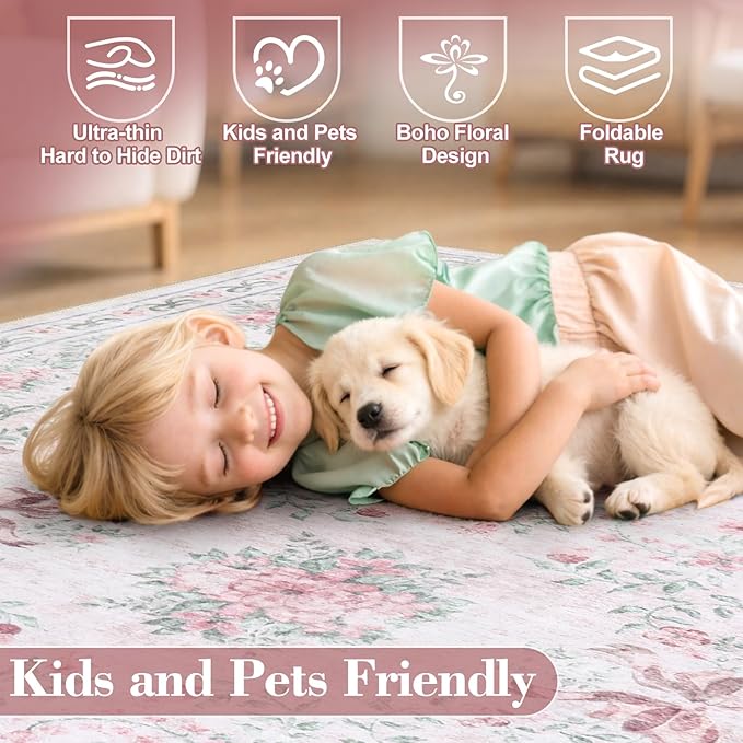 Wonnitar Floral Bow Pink Rug for Bedroom, Washable 5x7 Area Rug for Girls Nursery, Ultra-Thin Non Slip Soft Boho Carpet for Kids Room Dorm Living Room, Light Pink