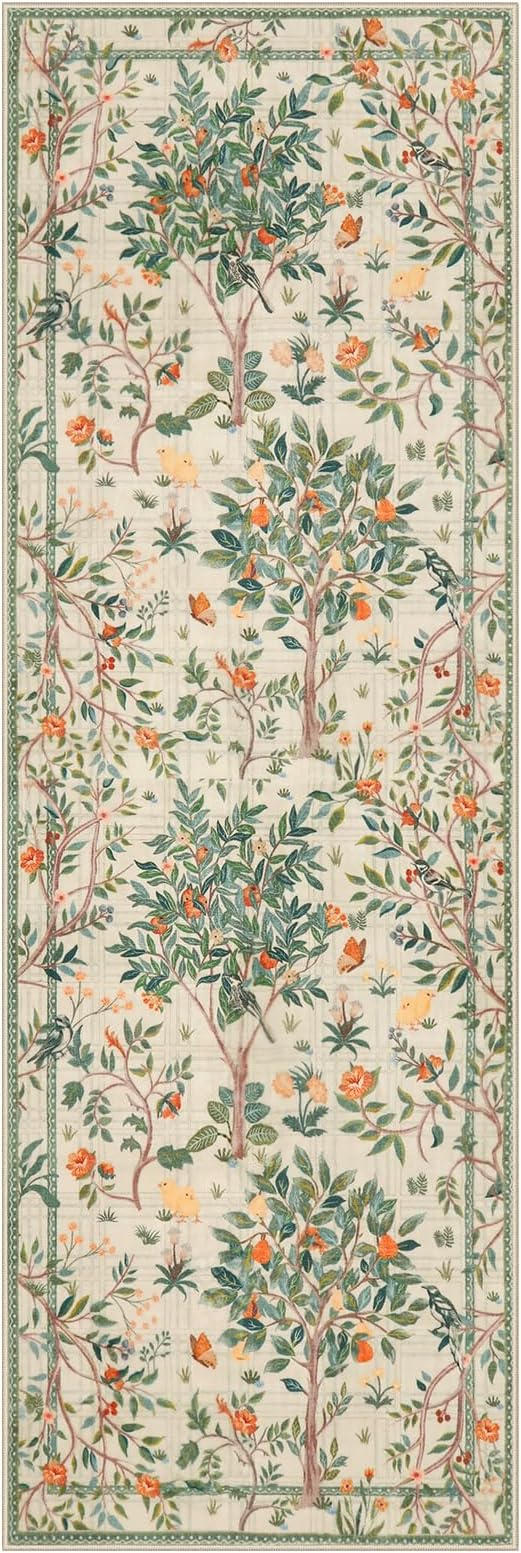 Morebes Boho Floral Washable Runner Rug 2x6, Flower Bathroom Sage Green Runner Rugs for Hallway Non Slip, Soft Botanical Birds Indoor Throw Carpet for Entry Bedroom Laundry Room