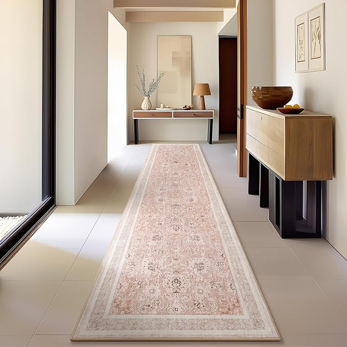 Phantoscope Hallway Runner Rug 2'x10'- Long Rug Runner Boho Washable Non-Slip Carpet for Kitchen Entryway Laundry Bedroom, Ultra-Thin Runners Vintage Distressed Accent Rug, Soft Pink/Beige