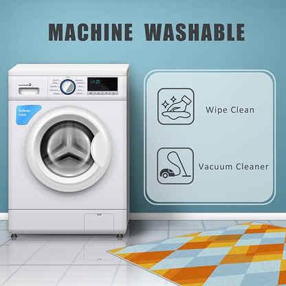 Washable 2x3 Diamond Small Rug Entryway, Geometric Orange and Blue Plaid Design Indoor Door Mat for Bedroom Entrance, Diamond Home Decor, Low Pile, Non Slip, Kids & Pet Friendly (N4134)