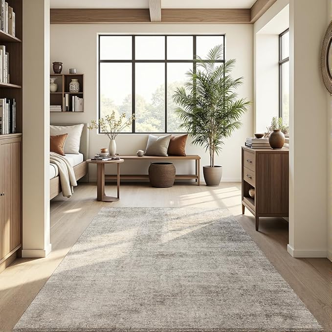 Area Rug 9x12 Washable Rug Beige for Living Room, Dining Room, Bedroom, Large Carpets, Non Slip & Non-Shedding Low Pile Vintage Print Rug for Home Office Decor