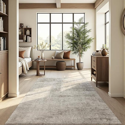 Area Rug 5x7 Washable Rug Beige for Living Room, Dining Room, Bedroom, Large Carpets, Non Slip & Non-Shedding Low Pile Vintage Print Rug for Home Office Decor