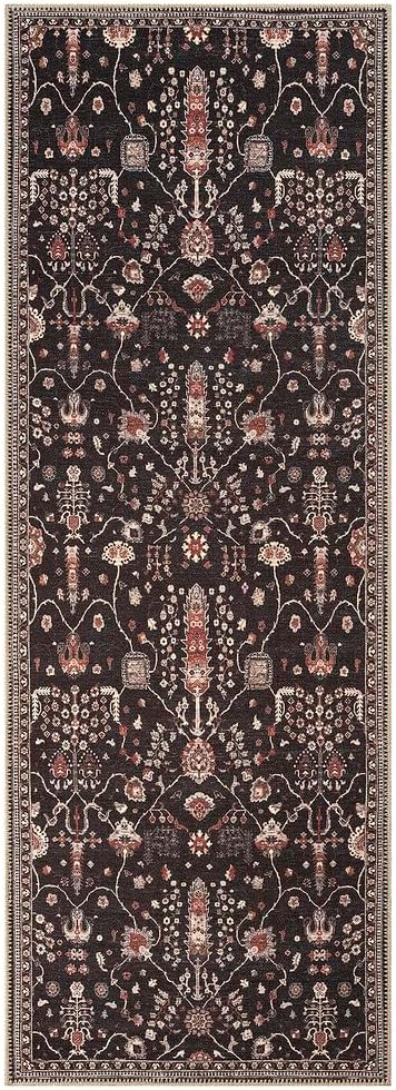 GLN Rugs Traditional Collection - Machine Washable Area Rug, Traditional Washable, Non Slip, Low Pile Chenille Rug, Living Room, Bedroom, Kitchen Rug (2'6" x 7' Black)