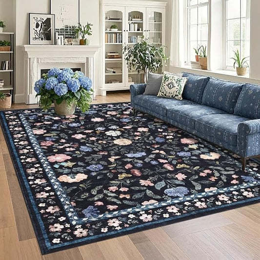 GarveeHome Large Washable Area Rug 10 x 13 for Living Room, Non-Slip Soft Vintage Rug, Low Pile Farmhouse Floral Carpet, Non-Shedding Foldable Printed Rugs for Bedroom, Dark Grey Blue