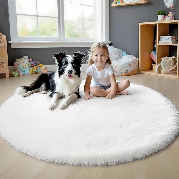 4x4 Round Solid Fluffy White Area Rug – Washable, Durable, Circle Bedroom Rug, Non-Slip High Pile Shag Rugs for Living Room, Bedside, Dorms, Nursery Rooms, Kids Room, Soft Indoor Floor Carpet