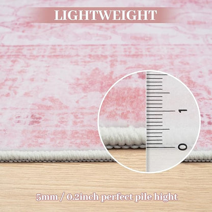 LIVEBOX 8x10 Pink Area Rug for Living Room, Vintage Soft Washable Bedroom Area Rugs, Non-Slip Foldable Floral Rug, Indoor Carpet for Dining Room Nursery Dorm Home Decor