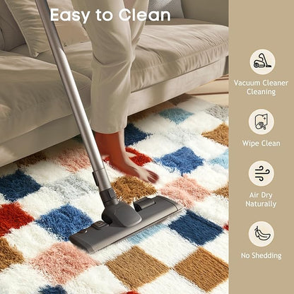 Ophanie Checkered Rainbow Rug for Living Room Bedroom, Colorful Fluffy Soft Cute Fuzzy Area Rugs, Shag Plush Shaggy Bedside Floor 8x10 Furry Carpet for Kids Teen Dorm Nursery Home Decor Aesthetic