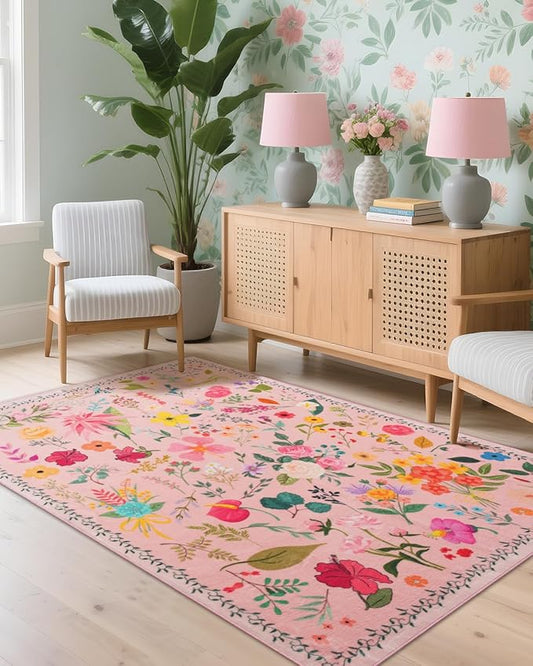 Boho Washable Area Rug 4x6 – Floral Low Pile Non-Slip Carpet for Living Room, Bedroom, Office, Playroom, Entryway, Kitchen, Dining Room (Pink)
