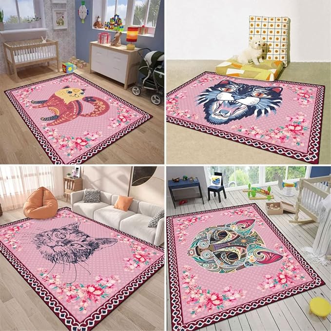 Cartoon Animal Pattern Area Rug Cute Cat Luxury Floral Decor for Carpet Farmhouse Bedroom Living Room Rugs Bathroom Kitchen Runner Mat Indoor Outdoor Non Slip Doormat 2.6' X 6.5'