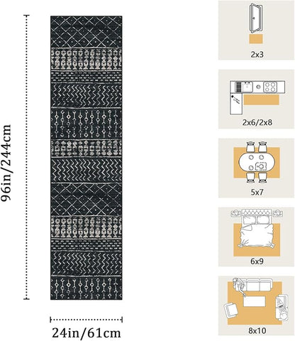 2x8 Machine Washable Runner Rug, Kitchen Hallway Area Rug, Black Vintage Moroccan Rug Ultra Non-Slip Low Pile Soft Faux Wool Carpet, Kids and Pets Friendly for Bedroom Entryway Bedside Decor Rug