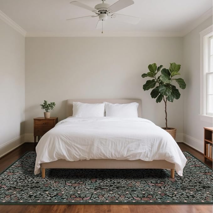 8x10 Washable Area Rugs for Living Room, Stain Resistant Vintage Rugs for Dining Room Under Kitchen Table, Bedroom, Floral Low Pile Non-Slip Large Carpet (8 x 10 Dark Green)