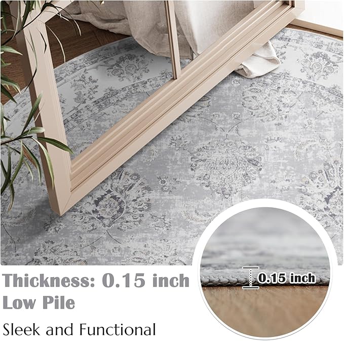 jinchan Fiora Round Rug 8ft Area Rugs - Vintage Floral Distressed Design Machine Washable Non-Slip Low-Pile Ultra-Thin Circle Rug for Living Room Dining Room Bedroom Farmhouse (8' Round, Grey)