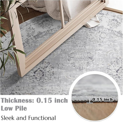 jinchan Fiora Round Rug 7ft Area Rugs - Vintage Floral Distressed Design Machine Washable Non-Slip Low-Pile Ultra-Thin Circle Rug for Living Room Dining Room Bedroom Farmhouse (7' Round, Grey)
