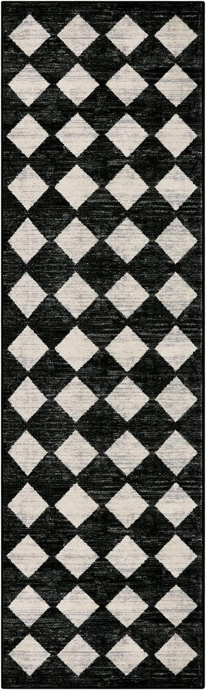 Lahome Moroccan Trellis Runner Rug - 2x8 Black Hallway Runner Rug with Rubber Backing, Checkered Kitchen Non Skid Carpet Runners Washable Indoor Mat for Camper Entryway Bathroom Hardwood Floor