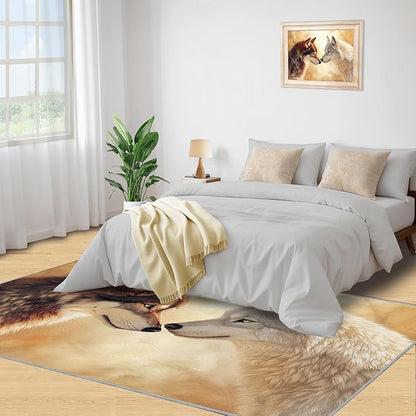 Wolf Rugs for Bedroom - 4x5 Area Rug - 3D Wolf Rugs for Living Room, Misty Forest Rug, Non-Slip Washable Home Decor Carpet