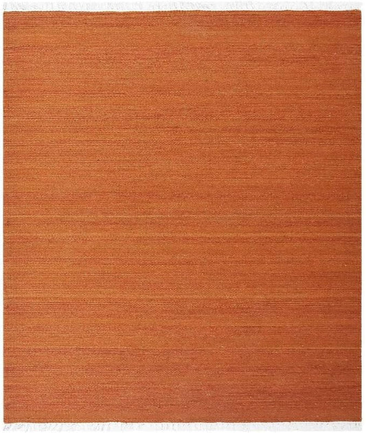 Rugsotic Carpets Hand Woven Flat Weave Kilim Wool ECO-Friendly Area Rugs - 8'x8', Square Shape, Dark Orange Color, Solid Plain Design, Low Pile Handmade Rugs for Living Room, Bed Room (D00111)