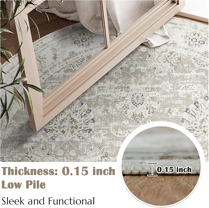 jinchan Fiora Round Rug 4ft Area Rugs Vintage Floral Distressed Design - Machine Washable Non-Slip Low-Pile Ultra-Thin Circle Rug for Entryway Bedside Living Room Dining Room Bedroom (4' Round, Taupe)