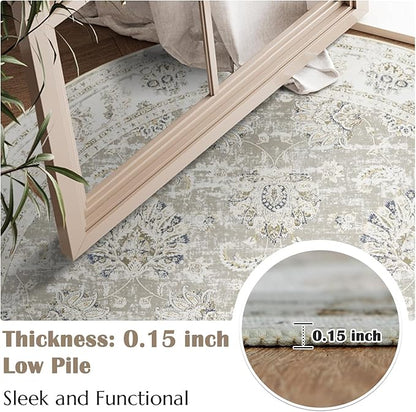 jinchan Fiora Round Rug 7ft Area Rugs - Vintage Floral Distressed Design Machine Washable Non-Slip Low-Pile Ultra-Thin Circle Rug for Living Room Dining Room Bedroom Farmhouse (7' Round, Taupe)