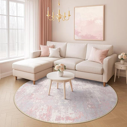 Washable Area Rugs 4ft Non-Slip Modern Abstract Soft for Living Room Entryway Bedroom Nursery, Print Pattern, Grey Pink