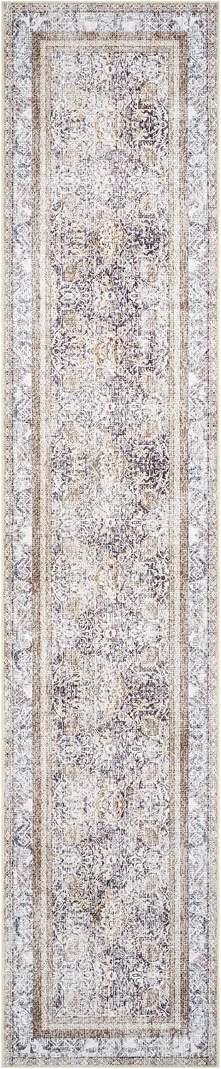 Phantoscope Washable Runner Rug 2'x10' Non-Slip, Vintage Neutral Hallway Rugs for Entryway, Stair, Bedroom, Distressed Boho Floral Medallion Pattern, Low-Pile Foldable Floor Carpet, Light Brown