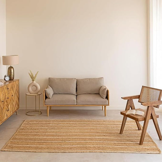 HOMEMONDE Natural Braided Jute Rug 3x5 ft - Hand Woven Off White Stripe Rustic Vintage Reversible Area Rugs for Bedroom, Kitchen, Living Room, Dining Room, Entryway and Doormat