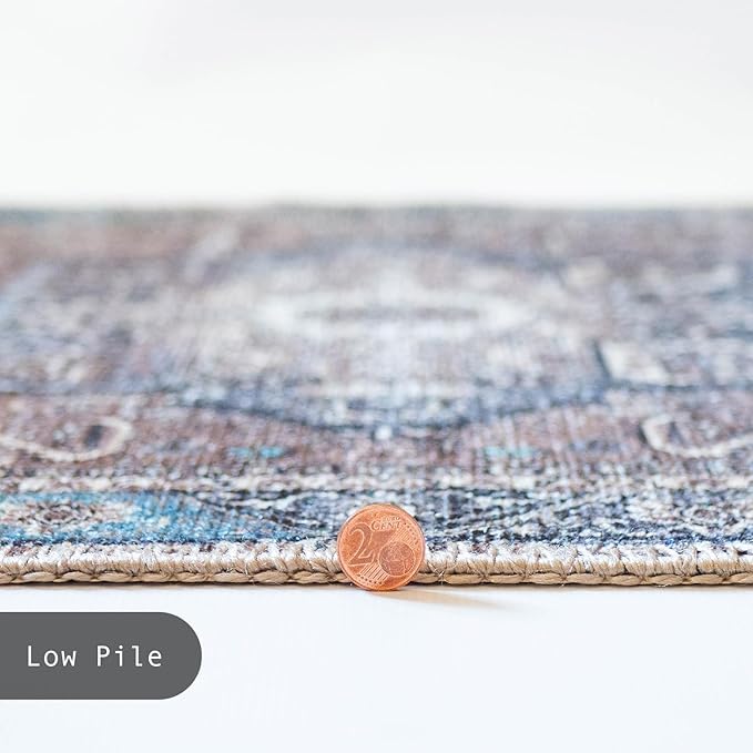 GLN Rugs Traditional Collection - Machine Washable Area Rug, Traditional Washable, Non Slip, Low Pile Chenille Rug, Living Room, Bedroom, Kitchen Rug (2' x 3' Brown/Blue)