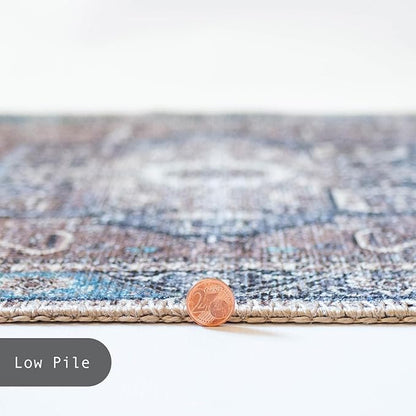 GLN Rugs Traditional Collection - Machine Washable Area Rug, Traditional Washable, Non Slip, Low Pile Chenille Rug, Living Room, Bedroom, Kitchen Rug (3' x 5' Brown/Blue)