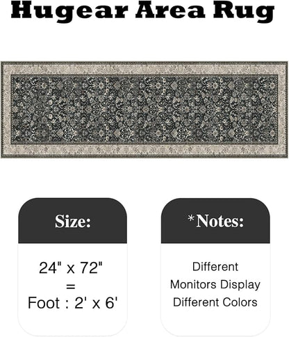 HUGEAR 2x6 Runner Rug Machine Washable Black Beige Hallway Area Rugs Indoor Accent Rugs Floral Low Pile Carpet Distressed Throw Rugs Bedroom Living Room Office Dining Kitchen Laundry Non Slip