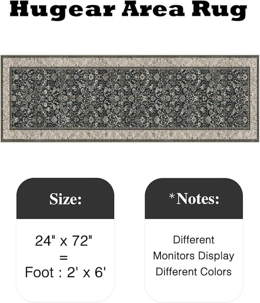 HUGEAR 2x6 Runner Rug Machine Washable Black Beige Hallway Area Rugs Indoor Accent Rugs Floral Low Pile Carpet Distressed Throw Rugs Bedroom Living Room Office Dining Kitchen Laundry Non Slip