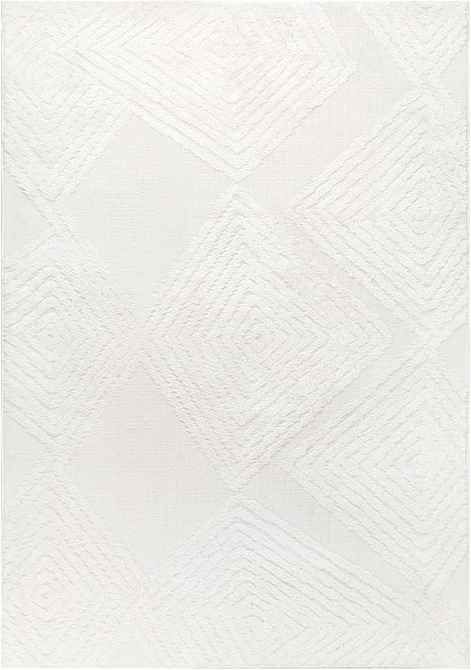 Antep Rugs Palafito 8x10 Geometric Shag Diamond High-Low Pile Textured Indoor Area Rug (White, 7'10" x 10')