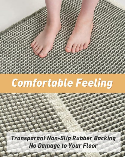 AMOAMI Upgraded Waffle Bath Mat, Super Absorbent Non Slip Bath Mats for Bathroom Floor, Machine Washable Bathroom Rugs with Tassels, Rubber Backed Bathroom Mats, Ultra Soft, 18" x 30", Green & Cream