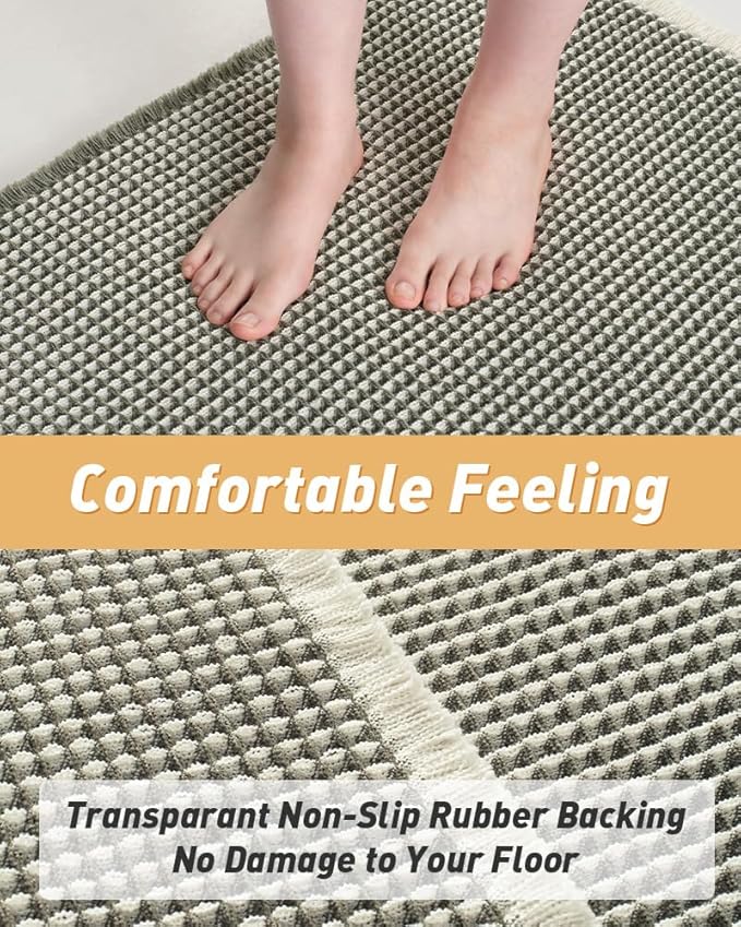 AMOAMI Upgraded Waffle Runner Rug Super Absorbent Non Slip Bath Mats for Bathroom Machine Washable Bathroom Runner Rug with Tassels, Ideal for Hallway Bedroom Laundry Room, 2' x 4', Green & Cream