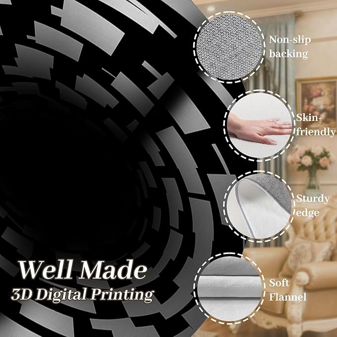 3D Illusion Swirl Area Rugs, 5x7ft, Modern Abstract Grid Black Hole Living Room Carpet, Geometric Black White Check Washable Carpets, Ultra Soft Cozy Shed Resistant Mat for Indoor