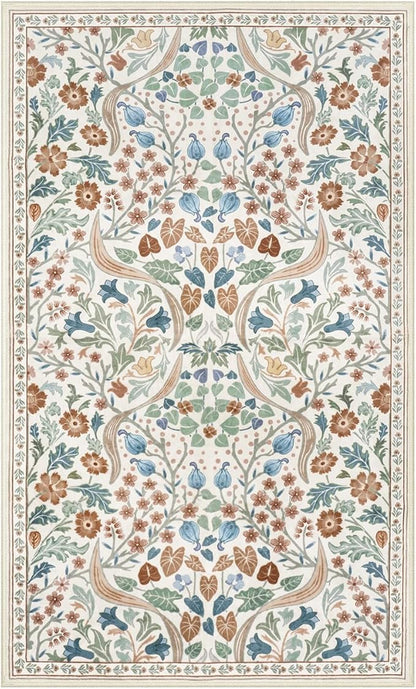 Lahome Floral 3x5 Beige Nursery Rug, Non-Slip Washable Area Rugs for Dorm Bedside Entryway, Botanical Soft Boho Carpet for Kids Room, Entrance Indoor