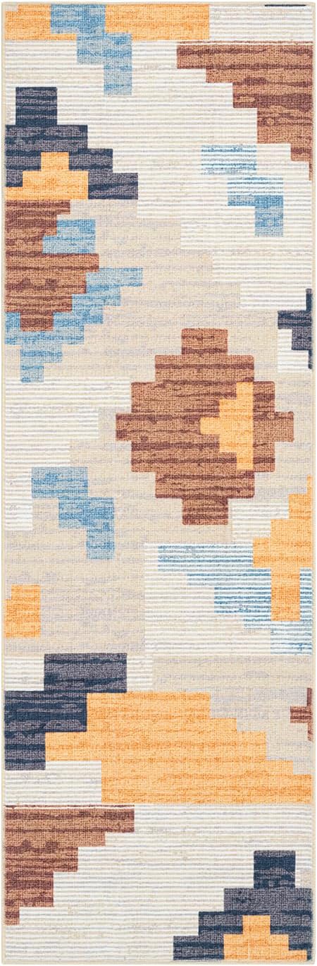 Phantoscope Washable Runner Rug 2'x6' Non-Slip, Modern Neutral Boho Hallway Rugs for Entryway, Stair, Bedroom, Abstract Geometric Blocks Pattern, Low-Pile Foldable Floor Carpet, Warm Terracotta/Cream