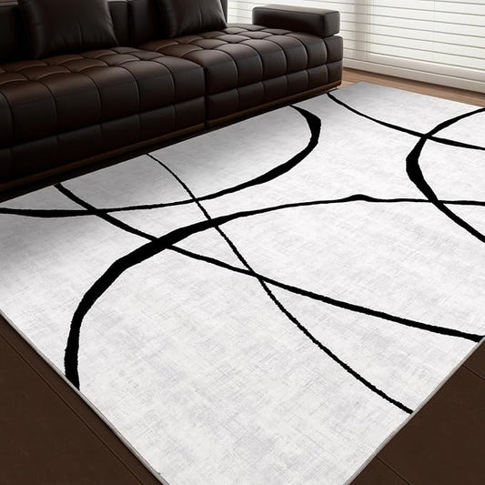 YIHOUSE 6'x9' Black and White Rug- Washable Area Rug for Living Room Bedroom, Large Modern Non-Slip Ultra-Thin Rug Home Decor,Curve,6x9ft