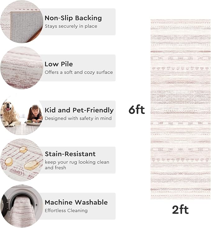 2x10 Runner Rug Machine Washable Non Slip Area Rug Distressed Neutral Moroccan Boho Rug Ultra Soft Floor Runners for Hallways for Entryway Laundry Room Kitchen, Pink