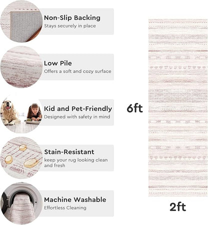 2x10 Runner Rug Machine Washable Non Slip Area Rug Distressed Neutral Moroccan Boho Rug Ultra Soft Floor Runners for Hallways for Entryway Laundry Room Kitchen, Pink