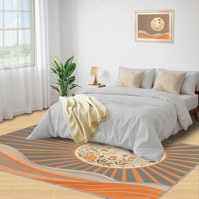 Boho Sun Area Rugs 4x5ft, Minimalist Line Kids Play Rug, Geometric Solar Throw Rugs Bedroom Fluffie Soft for Coffee Shop Living Room Under Table Game Room