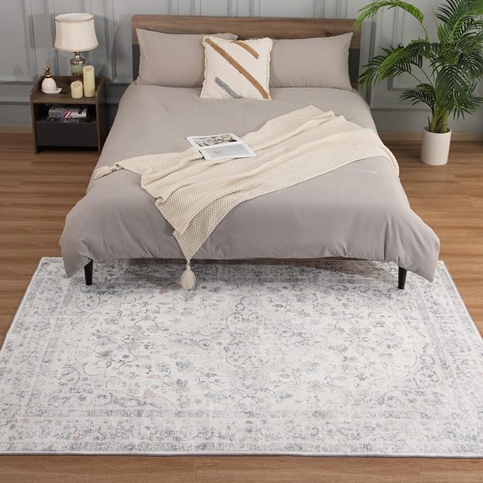 5x7 Washable Rug – Boho Non-Slip Indoor Area Rug for Living Room, Bedroom, Dining Room, Entryway – Ivory and Mist Grey with Subtle Blue Accents