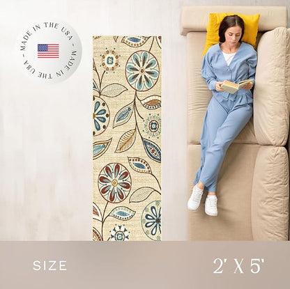 Maples Rugs Reggie Floral Runner Rug - Made in USA - Washable, Non Slip Indoor Carpet for Kitchen, Hallway, and Laundry Room, 2' x 5', Beige